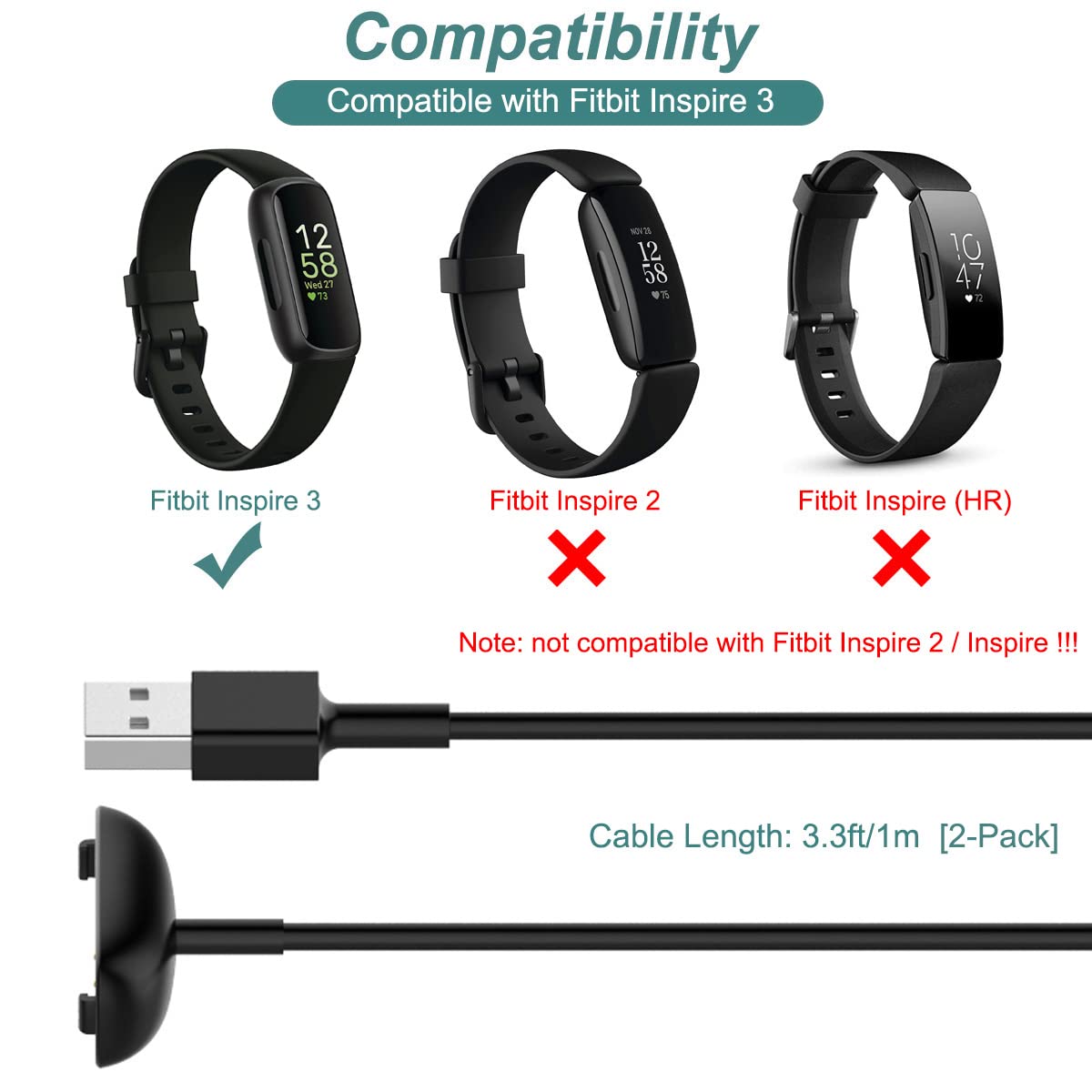 Amazon.com: Kissmart 2-Pack Charger for Fitbit Inspire 3 Fitness